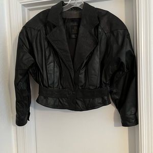 Retro Black Leather Jacket with subtle animal print